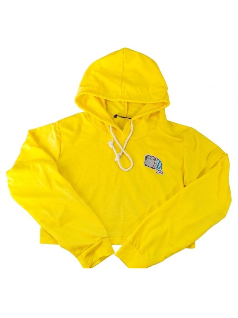 Customized SHEIN Yellow Cropped Hoodie with Pusheen Cat Patch - Medium